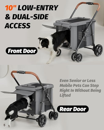 Dog Stroller for Large & Medium Dogs, Pet Stroller for 2 Small Dogs Up to 80 Lbs, Extra Large Heavy Duty, Folding & Breathable, All-Terrain Wheels, Grey