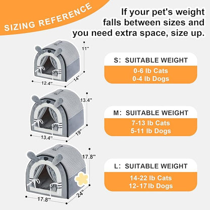 Jiupety Cute Small Dog Cave Bed with Door Curtain Design, Dog House with Reversible Washable Cushion, L Size Portable Puppy House for 14-22lb Cats and 12-17 lb Dogs, Non-Slip Bottom, Grey