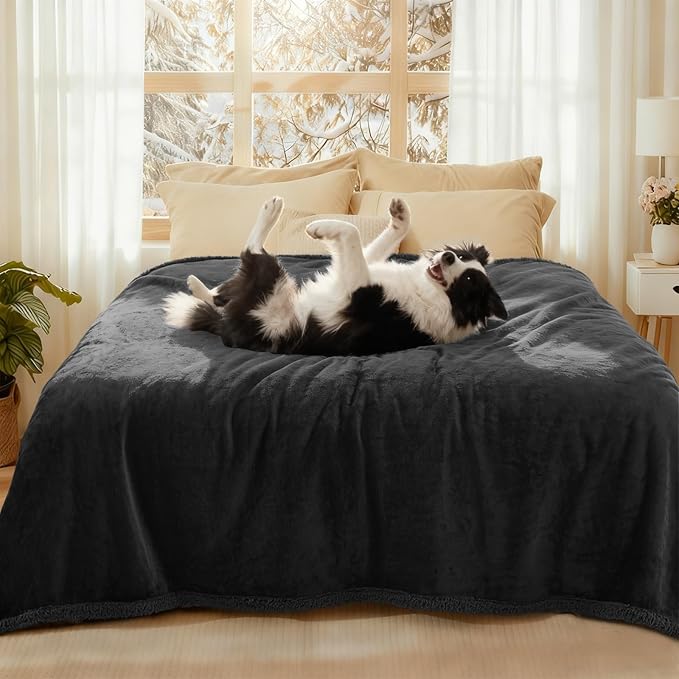 Luciphia Waterproof Bed Blanket Washable,Soft Sherpa Fleece Puppy Reversible Throw Blankets for Medium Large Dog Cat,Furniture Cover Protector Couch Bed from Liquid Pee and Pet Fur, Black,85" x 57"