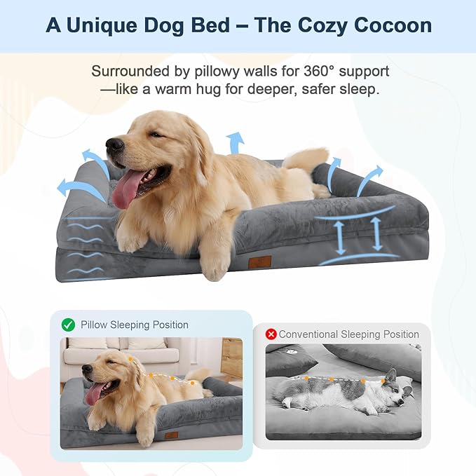 Large Orthopedic Egg Crate Foam Dog Bed, Waterproof Dog Bed with Removable Washable Cover, 4-Sides Removable Bolster Soft Couch Sofa with Non-Slip Bottom, Dark Grey