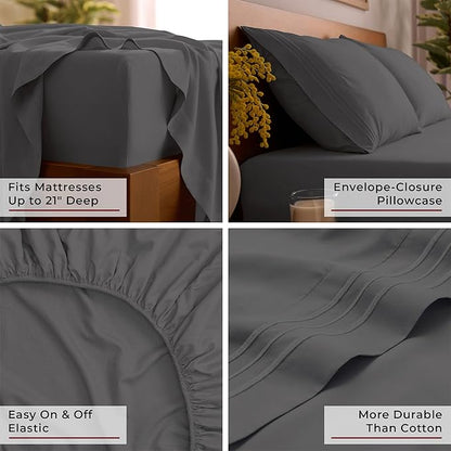 Mellanni King Sheet Set - 6-Piece Iconic Collection Bedding, (Including 4 Pillowcases), 21-Inch Extra Deep Pocket, Easy Care, Ultra Soft, Cooling Sheets, Brushed Microfiber - Gray