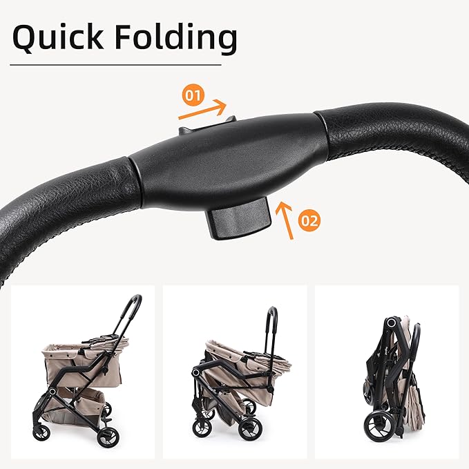 Upgraded Small/Medium Pet Stroller - Dogs & Cats up to 66 lbs, Folds for Storage and Features a Safety Foot Brake, 3-in-1 Foldable Portable Travel Carrier for 2 Small to Medium Pets (Beige)