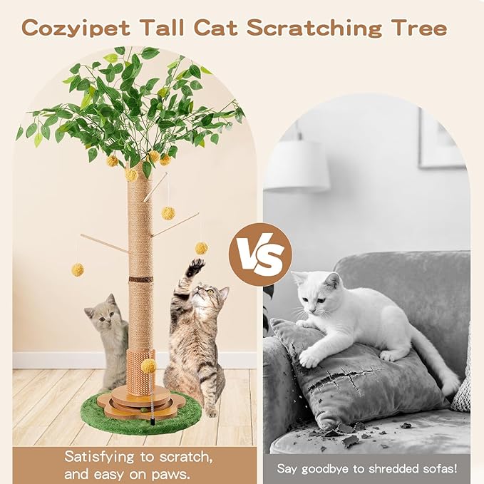 45" Tall Cat Scratching Post with Sisal Rope for Indoor Cats Adults Kittens, Cat Tree Scratcher with Hanging Balls, Self Groomer, Track Balls