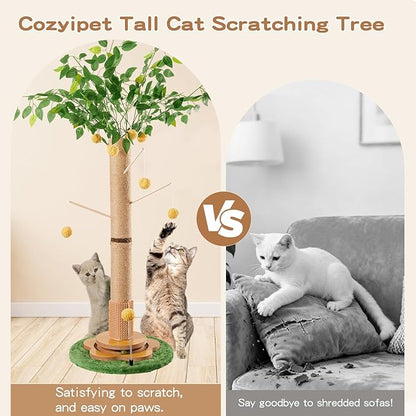 45" Tall Cat Scratching Post with Sisal Rope for Indoor Cats Adults Kittens, Cat Tree Scratcher with Hanging Balls, Self Groomer, Track Balls
