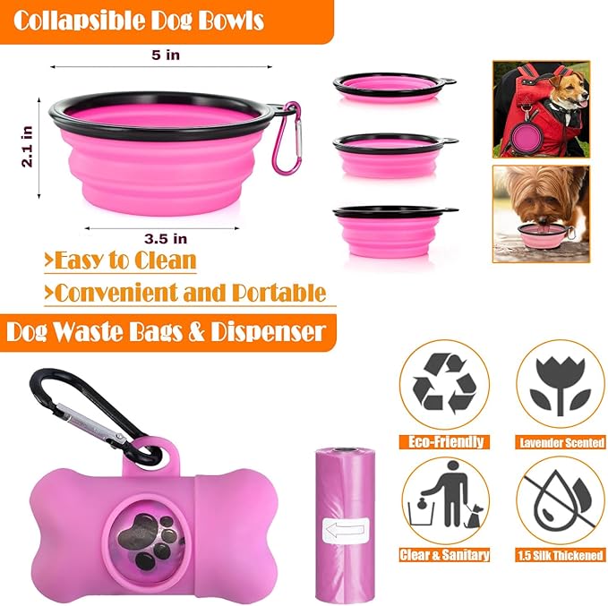LOBEVE No Pull Dog Harness, Collar & Leash Set | Includes Dog Seat Belt, Collapsible Bowls & Poop Bag Dispenser. Ideal for Training, Walking, Hiking. Fits Small to Large Dogs(Pink-L)