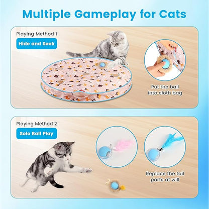 Interactive Cat Toys, Automatic Cat Play Hunting Mat Toy, Motion Activated Fast Moving Ball Hide and Seek for Indoor Enrichment Exercise, Animal Squeaky, 28 Inch Mat, 3 Tails