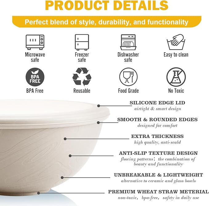 Wheat Straw Bowls Set with Lids, Unbreakable 40 OZ Large Cereal Bowls Set of 4, Salad Container for Lunch, Microwave & Dishwasher Safe Bowl Set for Kitchen, Picnic, RV, Camping, Beige
