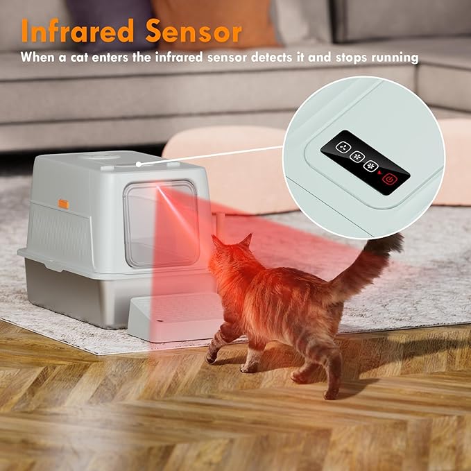 Smart 3-Speed Deodorization XXL Stainless Steel Cat Litter Box - Infrared Sensor, Extra Large Odor Control Litter Box for Large Cats & Multi-Cat Households 135° Flip-Top Metal Cat Litter Box - Grey