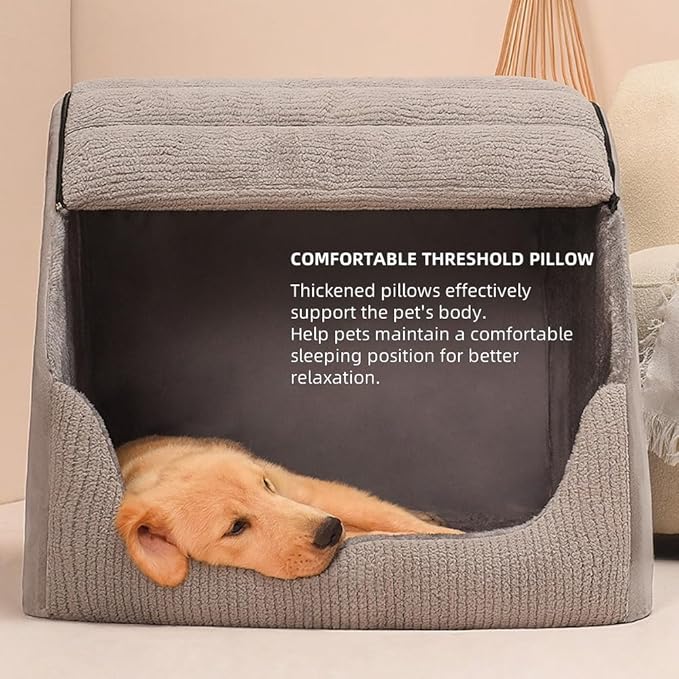 Extra Large Dog Bed House, Cozy Dog House Indoor, Memory Sponge, Plush Dog Cave Bed Crate Cushion with Non-Slip Bottom for Medium Large Dogs (Grey, XL)