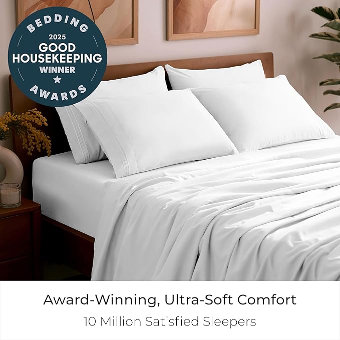 Mellanni Split King Sheet Set - 7-Piece Iconic Collection Bedding, (Including 4 Pillowcases), 16-Inch Deep Pocket, Easy Care, Extra Soft, Cooling Sheets, Brushed Microfiber - White