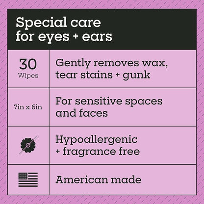Pet Life Unlimited Dog Eye & Ear Wipes, 30 Count, Hypoallergenic, Fragrance-Free, Plant-Based Cleaning & Grooming Wipes with Aloe & Chamomile, Gently Remove Dirt & Wax, Soothes Skin (Pack of 4)