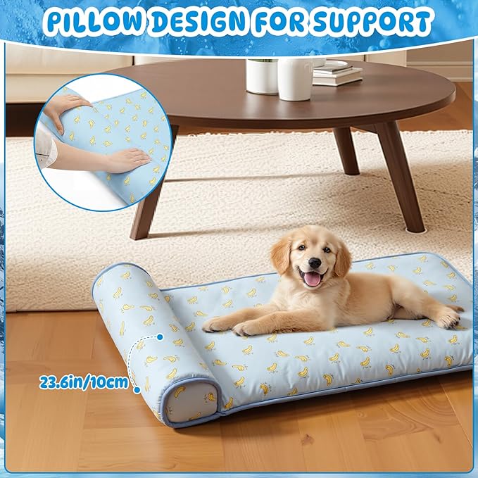 DoubleFill 4 Pack Cooling Dog Mats with Supportive Pillow 15.7" x 23.6" Self Cooling Dog Pads Ice Silk Washable Pet Cool Mat Summer Cat Sleeping Pad with Storage Bag for Crate Bed (Small, Blue)