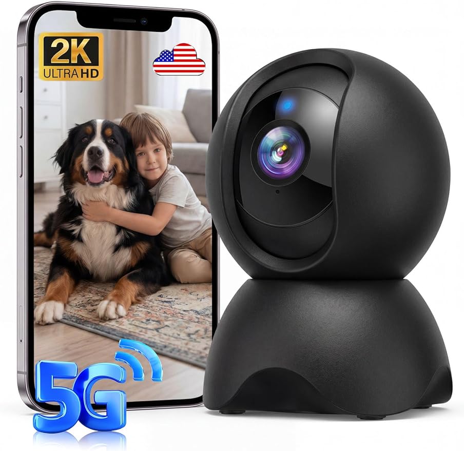 2K Security Camera Indoor, Pet/Dog/Baby Security Camera with Phone App, 5G/2.4G Wi-Fi, 360° Pan-Tilt, Night Vision, Human Auto Tracking, Local/Optional Cloud Storage, Black