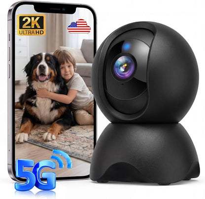2K Security Camera Indoor, Pet/Dog/Baby Security Camera with Phone App, 5G/2.4G Wi-Fi, 360° Pan-Tilt, Night Vision, Human Auto Tracking, Local/Optional Cloud Storage, Black