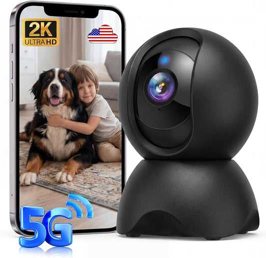 2K Security Camera Indoor, Pet/Dog/Baby Security Camera with Phone App, 5G/2.4G Wi-Fi, 360° Pan-Tilt, Night Vision, Human Auto Tracking, Local/Optional Cloud Storage, Black