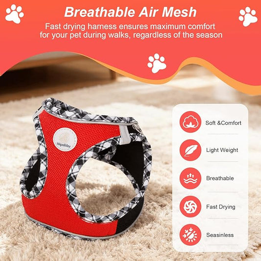 Hipubby Dog Harness Small Sized and Leash Set, No Pull Soft Mesh Puppy Vest, Reflective Breathable Lightweight Pet Harness, Harness for Small Medium Dogs and Cats - Black Red, XS