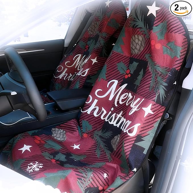 Universal Car Seat Cover Towel, Waterproof Washable Sweat Protection for Front Bucket Seats, Non-Slip Fit, Fits Cars SUVs Trucks, Ideal for Gym, Kids, Pets, Outdoor Sports, Travel (Christmas, 2 Pack)
