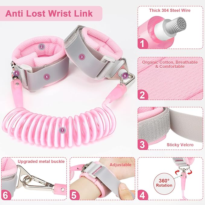 Accmor 3 in 1 Toddler Harness Leashes + Anti Lost Wrist Link, Kids Harness Children Leash for Girls, Child Anti Lost Leash Baby Cute Harness Belt Strap Hold Kids Close While Walking