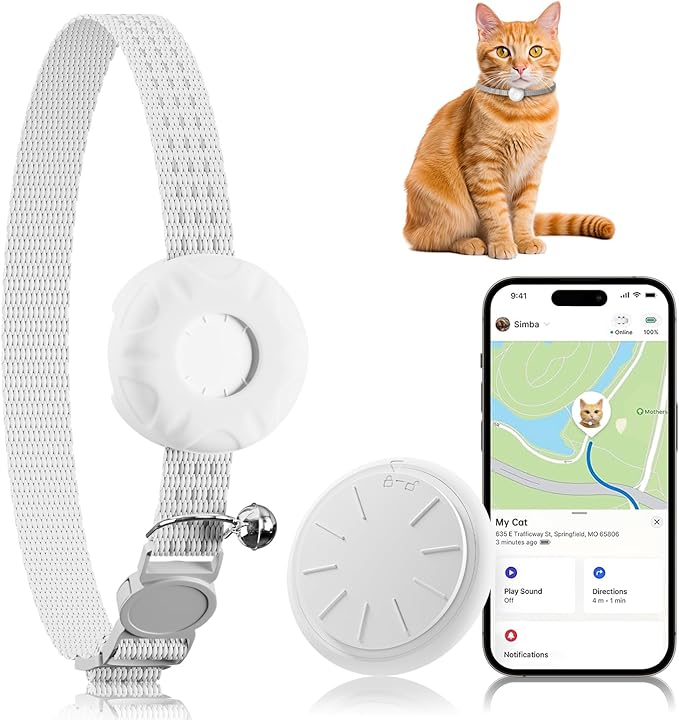 GPS Tracker, Waterproof Pet GPS Tracker for Cats,Cat Tracker Compatible with Apple Find My App (Only iOS), No Monthly Fee, White