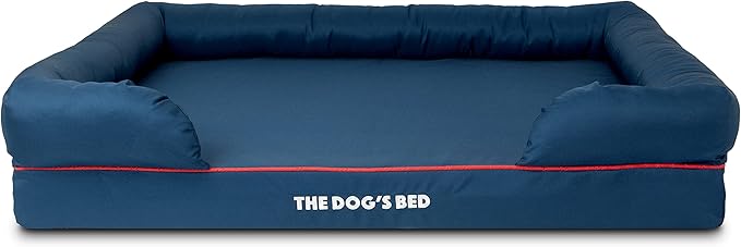 The Dog’s Bed Orthopedic Memory Foam Dog Bed with Bolsters for XL Dogs, Waterproof Washable Cover, Anti-Slip Base, Calming Surface – CertiPUR-Certified Foam, Oxford Fabric, Blue with Dark Red Trim, XL