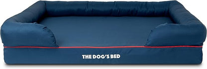 The Dog’s Bed Orthopedic Memory Foam Dog Bed with Bolsters for XL Dogs, Waterproof Washable Cover, Anti-Slip Base, Calming Surface – CertiPUR-Certified Foam, Oxford Fabric, Blue with Dark Red Trim, XL