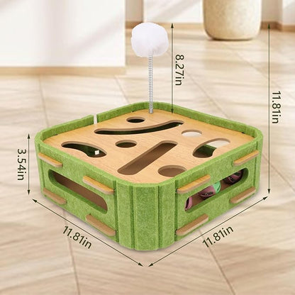 Hypeety Interactive Cat Scratch Puzzle Box Wooden Enrichment Toy Intelligence Treat Kitten Maze Puzzle Toy with Jingle Balls and Wands Mental Stimulation Games for Bored Indoor Cats