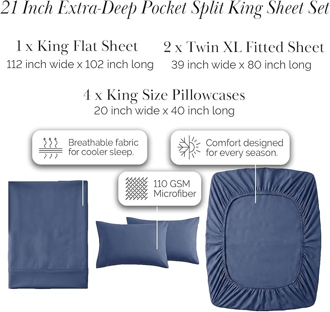 Southshore Fine Living, Inc. Deep Pocket Split King Bed Sheets Set, 7-Piece Ultra Soft Microfiber Sheets with Two 21" Deep Fitted King Sheets, Oversize Flat Sheet, 4 King Pillowcases, Dark Blue
