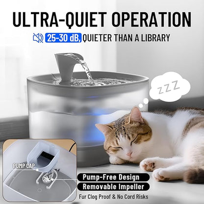 Veken Cat Water Fountain with Detachable Tank, Easy to Clean & Assemble, 85oz/2.5L Pet Drinking Dispenser with Quiet Operation & LED Light, Gifts for Christmas, Cats, Dogs and Small Pets, Grey