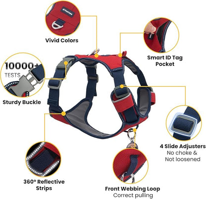 No Pull Dog Harness for Medium Dogs, Lightweight Escape Proof Adjustable Dog Harness with Pocket, Front & Back Clip, Reflective Soft Vest with ID Tag, for Running Walking, Red