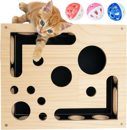 Cat Nail File Enrichment Box - Wooden Scratch & Puzzle Toy with 3 Bell Balls, Sandpaper Pad for Indoor Cat Claw Grinding, Mental Stimulation and Boredom Relief