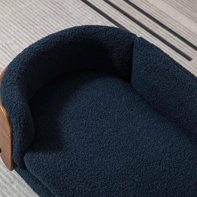 Elevated Pet Sofa Bed with Solid Wood Legs, Bent Wood Back, and Cashmere Cushion - Luxury Pet Furniture for Cats and Dogs, Dark Blue & Walnut