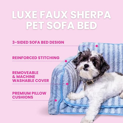 Glow Pups Dog Bed Cozy Sofa, Striped Pattern Cat Bed with Soft Faux Lambswool Cushion, Machine Washable Cotton Blend, Three-Sided Design, Light Blue Striped, X-Large 31.5" L x 13" W x 19.68" Th