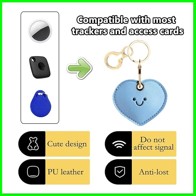 Leather Keychain Holder Case Compatible with AirTag,Cute Protective Cover with Keyring,Anti-Scratch Finder GPS Tracker Case for Wallet Keys,bag,pets,Backpack(Blue Heart)