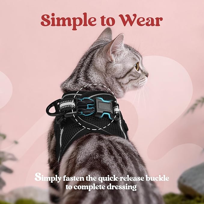 rabbitgoo Cat Harness and Leash Set for Walking Escape Proof, Adjustable Soft Kittens Vest with Reflective Strip for Cats, Comfortable Outdoor Vest, Black, L
