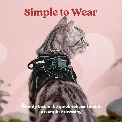 rabbitgoo Cat Harness and Leash Set for Walking Escape Proof, Adjustable Soft Kittens Vest with Reflective Strip for Cats, Comfortable Outdoor Vest, Black, L