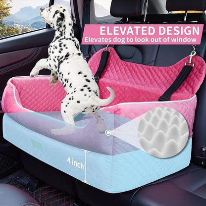 Dog Car Seat for Large/Medium Dogs - Memory Foam Dog Booster Seat for Under 55Lbs or 2 Small Dogs-Detachable and Washable Travel Bed with Thick Cushion and Storage Pockets-Pink