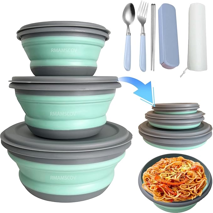 RMAMSCOV Collapsible Camping Bowl with Lid, Silicone Salad Bowl Serving, Microwave Foldable Soup Ramen Serving for Travel, Picnic, Rv(Blue)