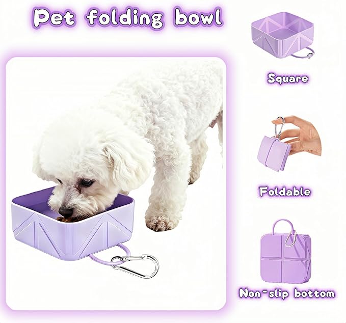 Portable Collapsible Silicone Dog Bowl, 12oz(350ml) Foldable Pet Travel Water & Food Dish with Carabiner for Hiking, Camping. Leakproof, Portable Food & Water Container for Dogs & Cats, Purple