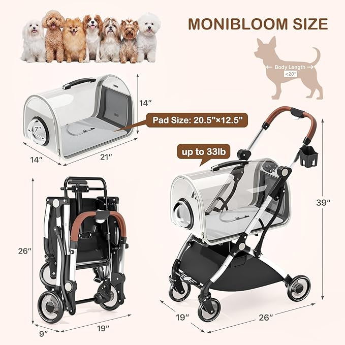 MoNiBloom Pet Stroller with Detachable Carriers, Clear Hard Trolley Case for Small Medium Dogs Cats, Breathable Mesh Windows, One Hand Fold & All-Terrain Wheels