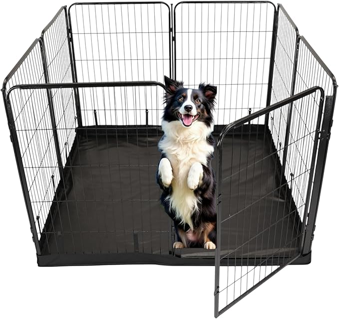 Dog Playpen w/Square Bottom Floor Cover - 40 inch, 8 Panel Portable Black Metal Pet Play Pen for Medium & Large Dogs - Indoor/Outdoor Kennel Cage for Home, Yard, RV, or Camping