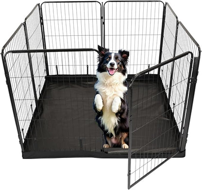 Dog Playpen w/Square Bottom Floor Cover - 40 inch, 8 Panel Portable Black Metal Pet Play Pen for Medium & Large Dogs - Indoor/Outdoor Kennel Cage for Home, Yard, RV, or Camping