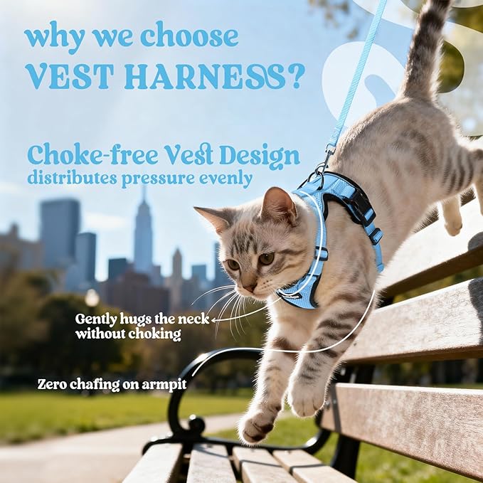 rabbitgoo Cat Harness and Leash for Walking, Escape Proof Soft Adjustable Vest Harnesses for Cats, Easy Control Breathable Reflective Strips Jacket, Light Blue, XS