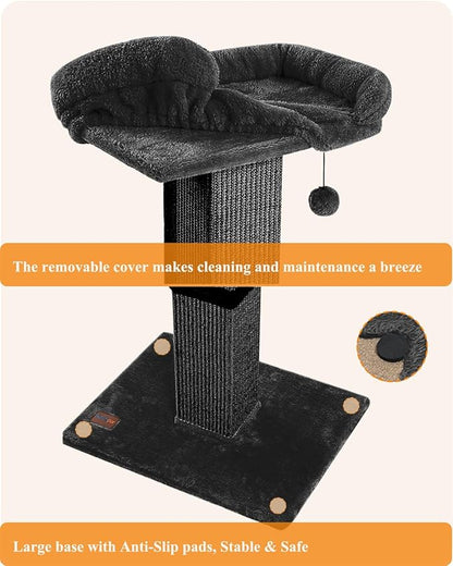 Karolpar 32" Cat Scratching Post for Indoor Cats, Sisal Cat Scratcher with Plush Perch, Large Scratch Post with Bed, Removable Cover, Sisal Fabric,Black