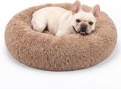 Calming Dog Bed for Medium Dogs Washable Donut 30 inches Anti-Slip Pet Bed,Round Fluffy Plush Faux Fur Cat Bed,Fits up to 45 lbs Pets,Camel