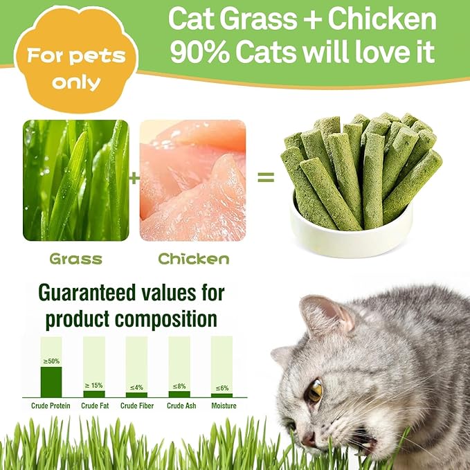 30g Cat Grass Sticks, Freeze Dried Cats Grass Teething Stick, Edible Cat Chew Toy for Teeth Cleaning Dental Health and Hairball Removal