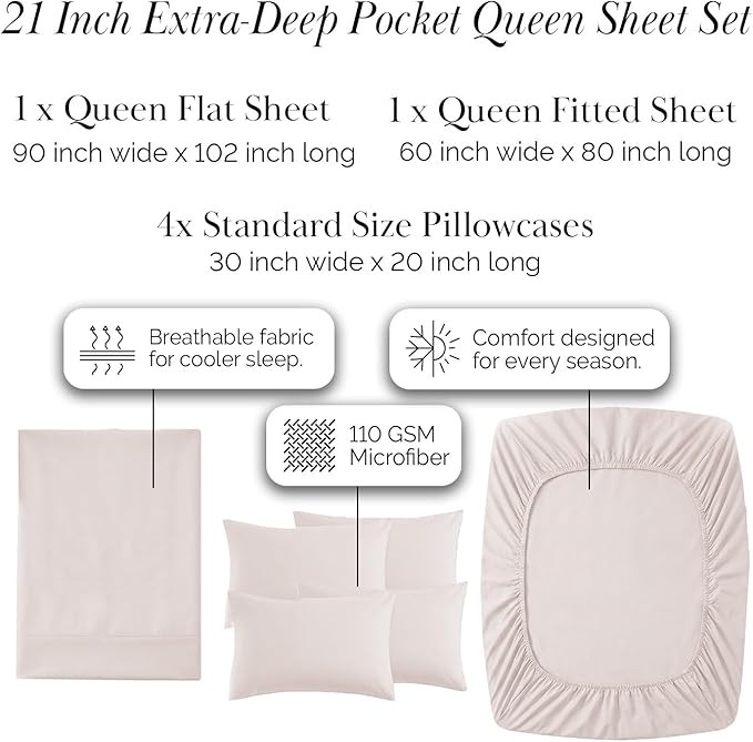 Southshore Fine Living, Inc. 6 Piece Queen Sheet Set, 21 Inch Deep Pocket Fitted Sheet, Hotel Style Deep Pocket Bed Sheets, Microfiber Pet Hair Resistant Bedding Beige Sheets Queen Size, Natural Beige