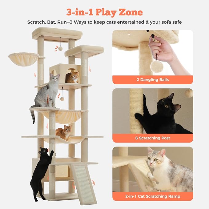 MUTTROS Large Cat Tree for Big Cats & Multi-Cat Homes, 81 Inch Tall Cat Tower with Sturdy Metal Hammock, 6 Sisal Scratching Posts, 2 Cozy Condos, 2 Top Perches - Multi-Level Cat Tower, Beige
