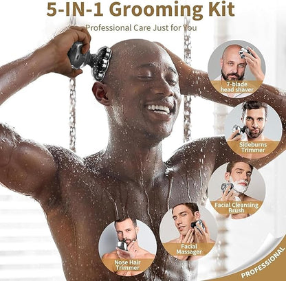 Detachable Head Shavers, SHPAVVER 5 in 1 Electric Razor IPX7 Waterproof for Bald Men, Wet Dry LED Display Rechargeable 7D Rotary Shaver Grooming Kit with Type C Charge A，Bright Silver