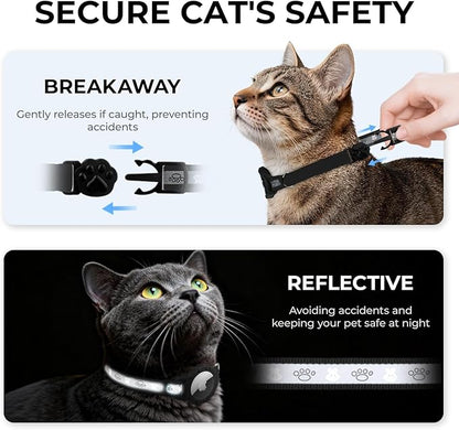 Breakaway AirTag Cat Collar, Reflective Cat Tracker Collar with Air Tag Holder and Bell, Safety Elastic Band Cat GPS Collars for Girl Boy Cats, Kittens and Puppies (Black, 8-13'')