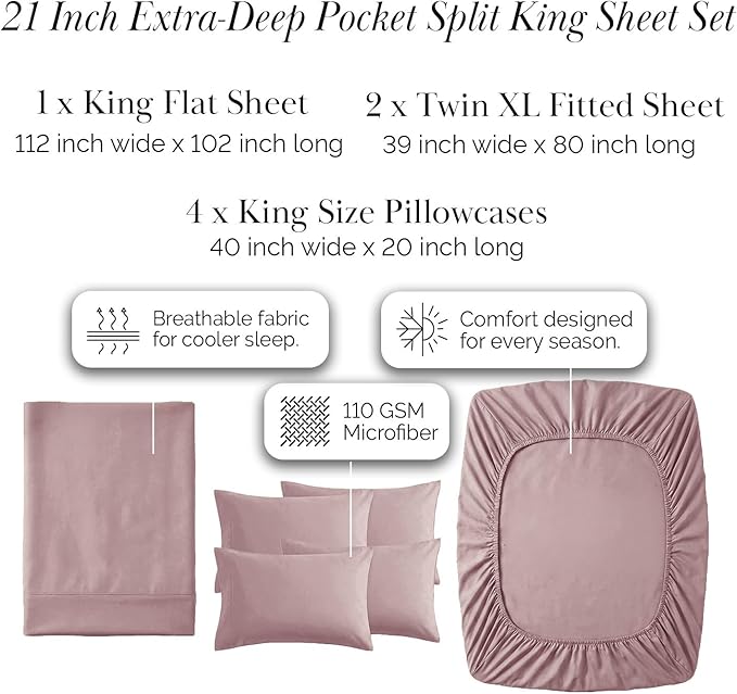 Southshore Fine Living, Inc. 7-Pc Split King Sheet Set, 21-Inch Deep Pocket Sheets for Adjustable Bed, Split King Fitted Sheets, Microfiber Sheet Set, Lavender Pillow Cases, Lavender Bedding
